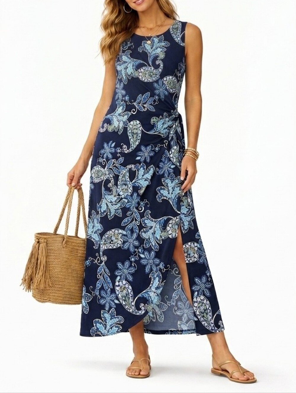 Robbie Bee Floral Midi Dress Petite Large Blue Faux Wrap Round Neck Sleeveless